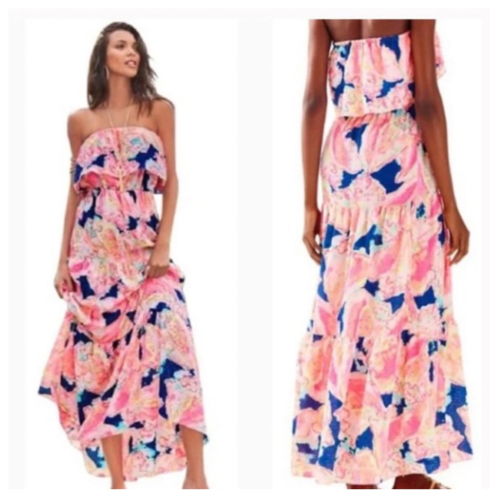 Lilly Pulitzer Strapless Floral Maxi Dress - Pink & Navy